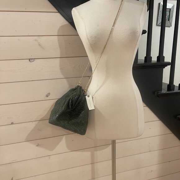 031 Anthropologie Woven Leather Clutch Dark with Chain NWT Emerald Green Leather - Picture 9 of 10